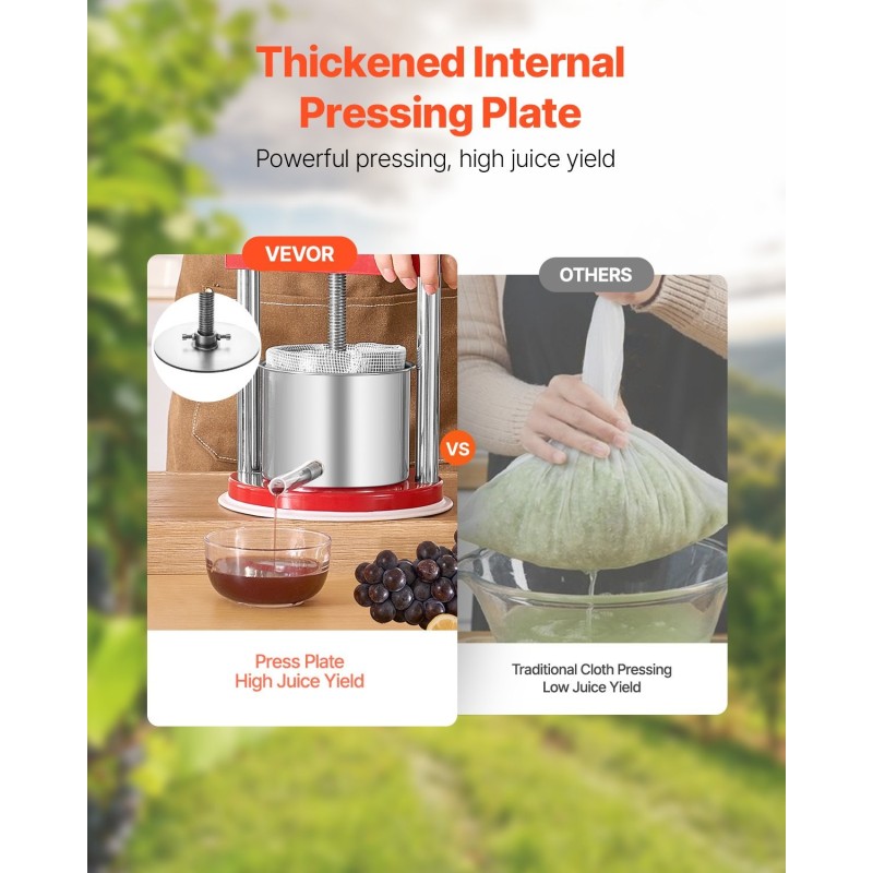 Pöytämallinen manuaalinen hedelmäpuristin 1,65 l 2 ruostumattomasta teräksestä valmistettua tynnyriä