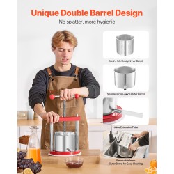 Pöytämallinen manuaalinen hedelmäpuristin 1,65 l 2 ruostumattomasta teräksestä valmistettua tynnyriä