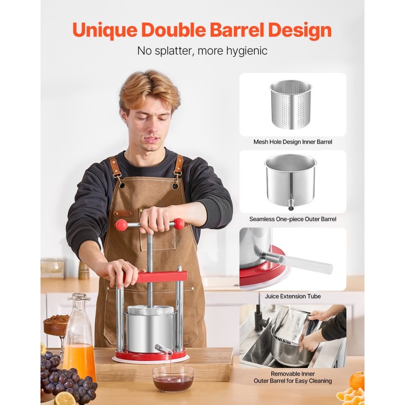 Pöytämallinen manuaalinen hedelmäpuristin 1,65 l 2 ruostumattomasta teräksestä valmistettua tynnyriä