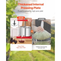 Manuaalinen hedelmä- ja viinipuristin 6 l 2 ruostumattomasta teräksestä tehtyä säiliötä T-kahvalla