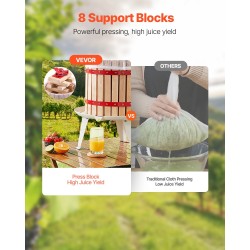 Manuaalinen pystymallinen mehupuristin kuuden litran pyökkipuinen kori kahdeksan tukipalikkaa raskaan käytön ruuvimekanismi