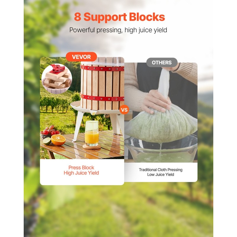 Manuaalinen pystymallinen mehupuristin kuuden litran pyökkipuinen kori kahdeksan tukipalikkaa raskaan käytön ruuvimekanismi