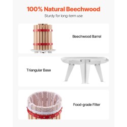 Manuaalinen pystymallinen mehupuristin kuuden litran pyökkipuinen kori kahdeksan tukipalikkaa raskaan käytön ruuvimekanismi