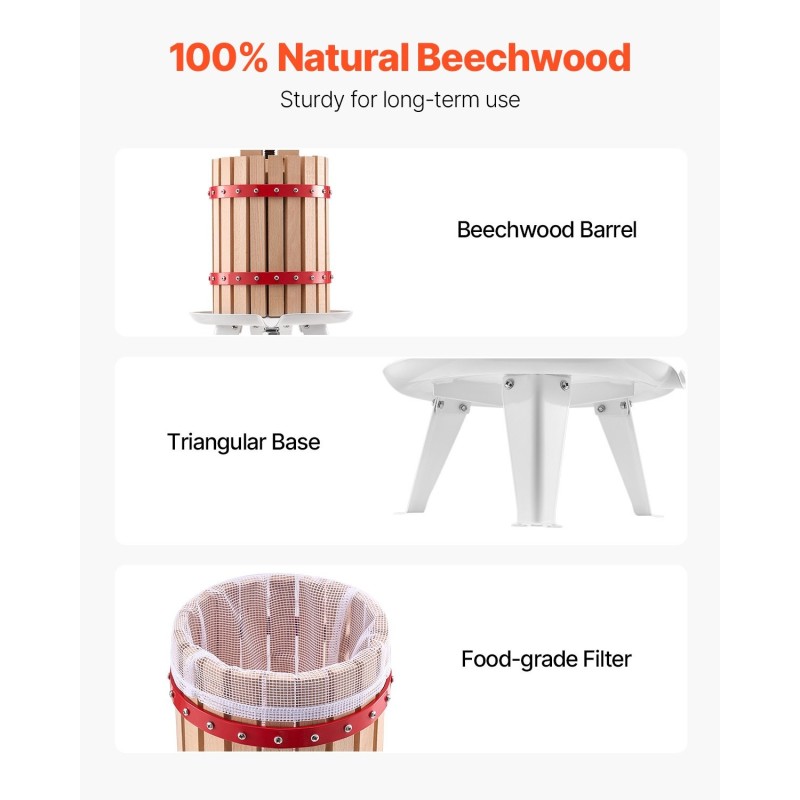 Manuaalinen pystymallinen mehupuristin kuuden litran pyökkipuinen kori kahdeksan tukipalikkaa raskaan käytön ruuvimekanismi