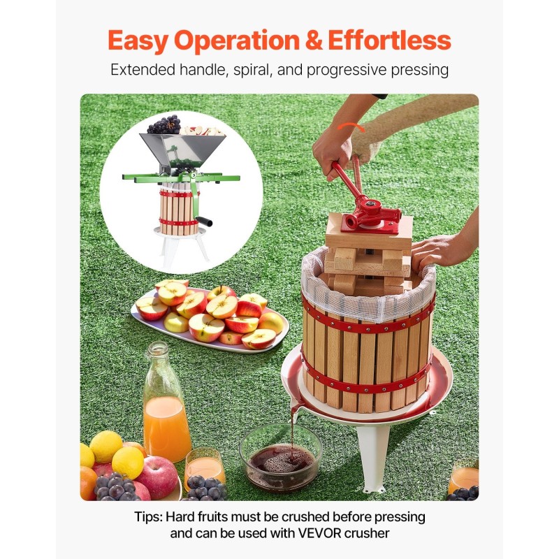 Manuaalinen pystymallinen hedelmä- ja viinipuristin 12 l pyökkipuinen kori metallirunko 8 tukipalikkaa