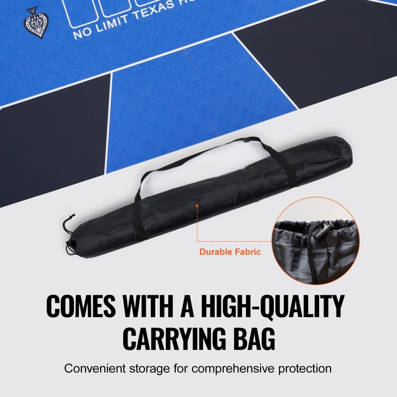 Pokerialusta luonnonkumipohjalla ja kangaspinnalla 1800 x 900 mm 6–8 pelaajalle sininen kantolaukku