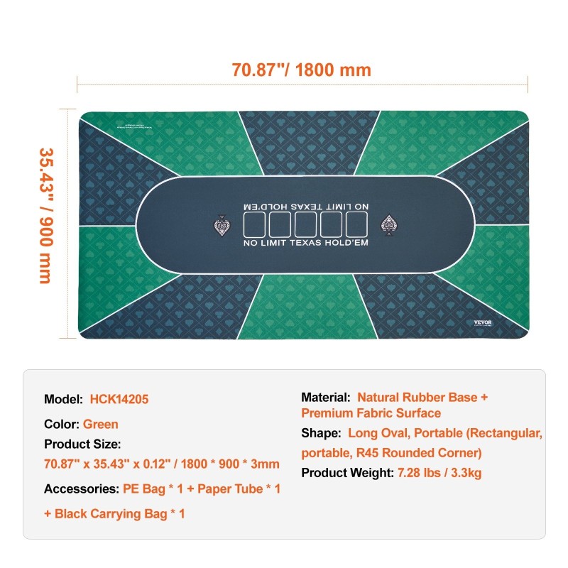 Pokerimatto 180x90 cm vihreä luonnonkumipohjainen kangaspinta 6–8 pelaajalle taitettava kantolaukulla
