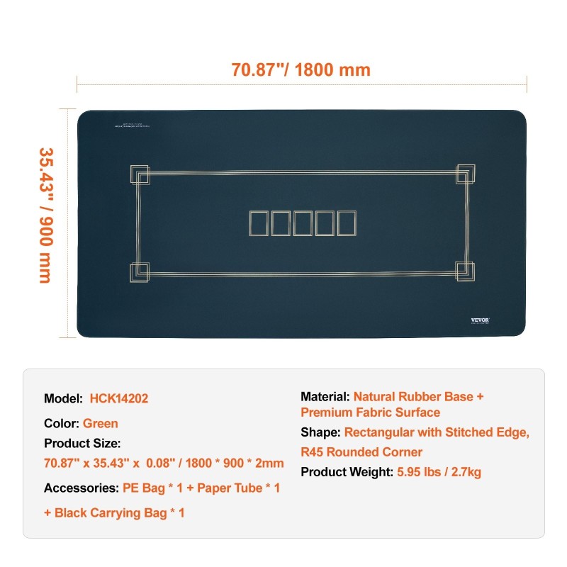 Pokerimatto 1800×900 mm luonnonkumipohjalla vedenpitävä kangaspinta 6–8 pelaajalle taitettava kantokassilla