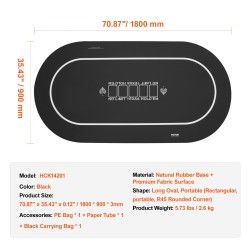 Pokerimatto kokoontaitettava luonnonkumipohjalla 1800×900 mm musta 6–8 pelaajalle kantolaukulla