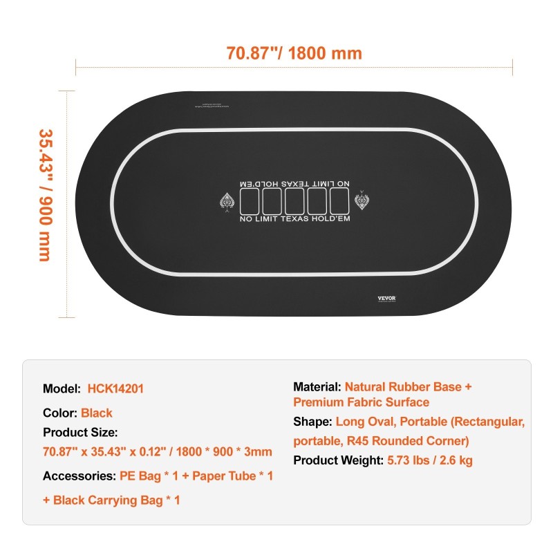 Pokerimatto kokoontaitettava luonnonkumipohjalla 1800×900 mm musta 6–8 pelaajalle kantolaukulla