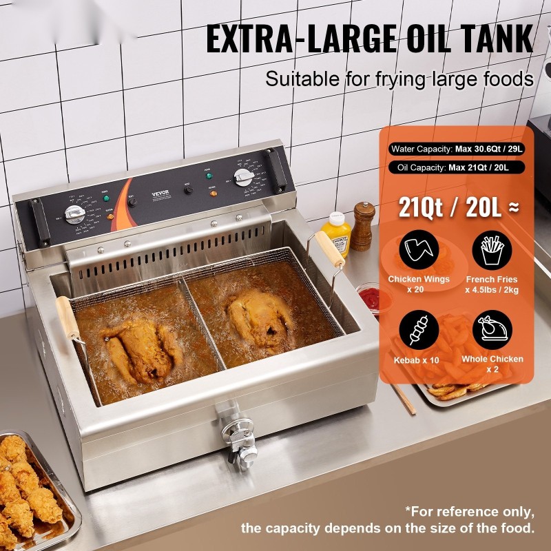 Sähköinen työtasomallinen syvärasvakeitin ruostumatonta terästä 20 litran öljytilavuudella 3000 wattia