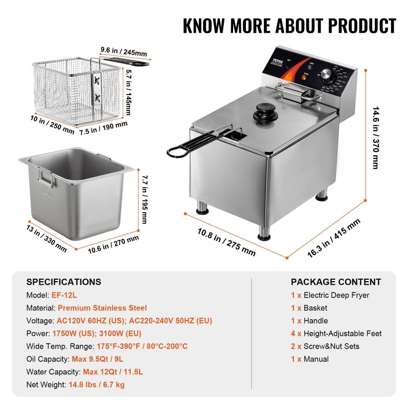 Uppopaistin pöytämalli ruostumaton teräs 11,5 l 3100 W ammattikäyttöön
