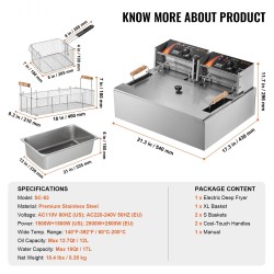 Sähköinen uppopaistinkattila ruostumatonta terästä 12 l öljykapasiteetti 3 irrotettavaa koria ammattikeittiöön
