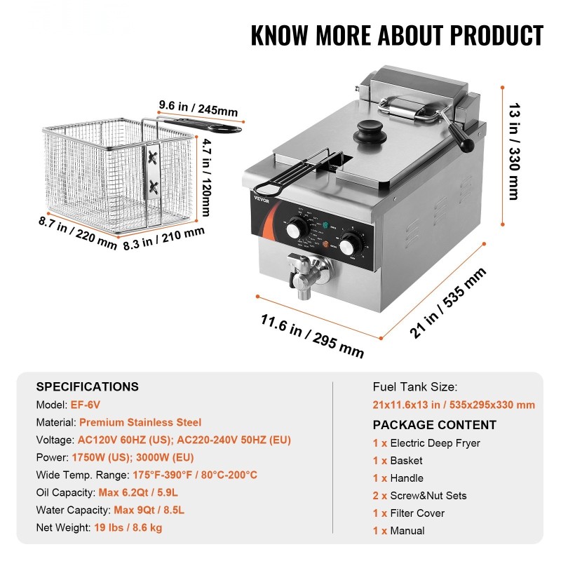 Sähköinen pöytämallinen rasvakeitin 5,9 l ruostumatonta terästä ammattikeittiöön 3000W
