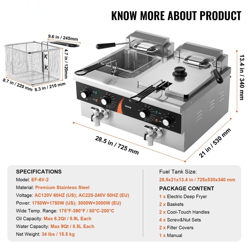 Sähköinen kaksisäiliöinen rasvakeitin ruostumatonta terästä kaksi 8,5 litran säiliötä ammattikeittiöön