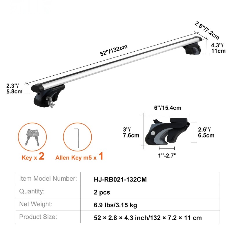 Kattotelineen poikkitangot pituus 132 cm 2 kpl korotetuille kattokaiteille