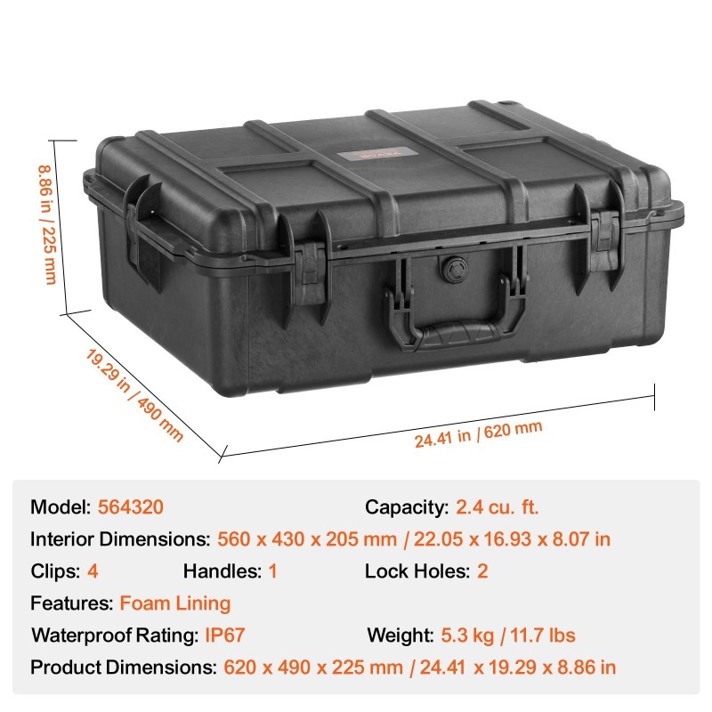 Kovakotelo IP67 vedenpitävä 560×430×205 mm esileikattu vaahtomuovi lukitusreiät