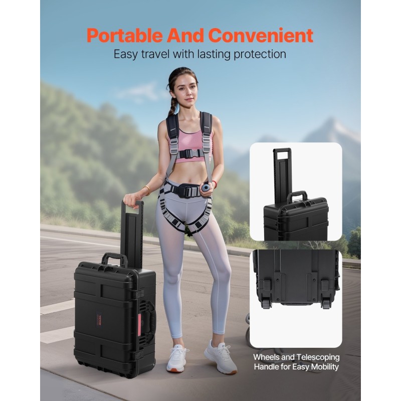 Säänkestävä polypropeenikotelo 2,5 kuutiojalkaa IP67-luokituksella pyörillä teleskooppikahvalla