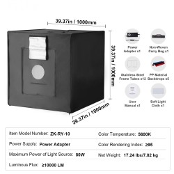 Valokuvausvalolaatikko 1000×1000×1000 mm 210 LED-valoa 5600 K verkkovirtasovitin
