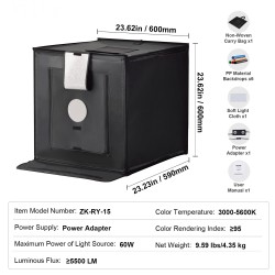 Valokuvausvalolaatikko 600×590×600 mm 160 LED säädettävä 3000–5600K 6 taustaa