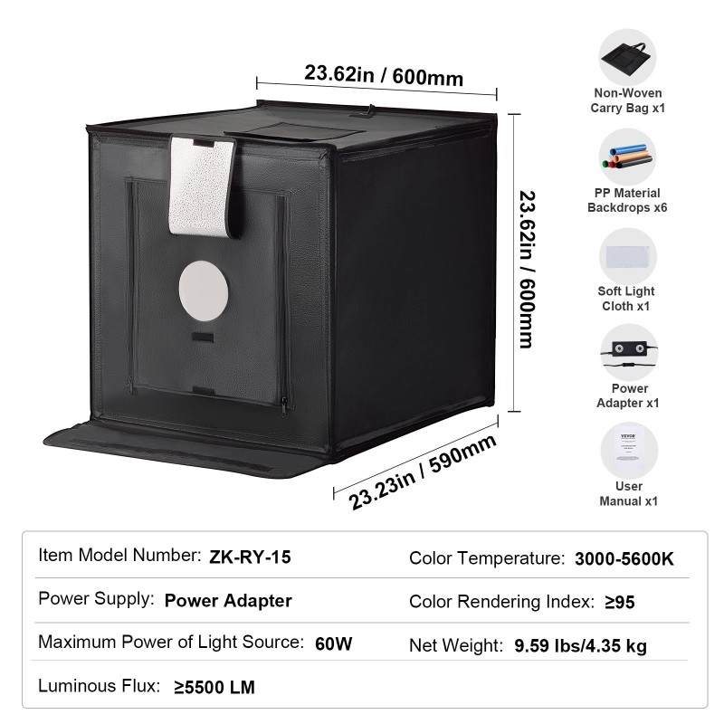 Valokuvausvalolaatikko 600×590×600 mm 160 LED säädettävä 3000–5600K 6 taustaa
