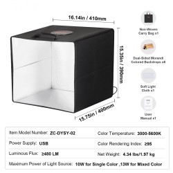 Valokuvausvaloteltta 410x400x390 mm 120 LED-helmeä 6 kaksipuolista taustakangasta 3000–5600K USB