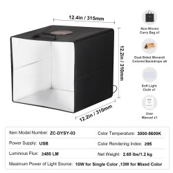 Valolaatikko 315x310x310 mm 120 LED-helmeä 3000–5600K säädettävä kirkkaus 6 kaksipuolista taustaa