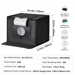 Valolaatikko 410×300×305 mm säädettävä värilämpötila 3000–5600K 6 taustaa USB-virtalähde