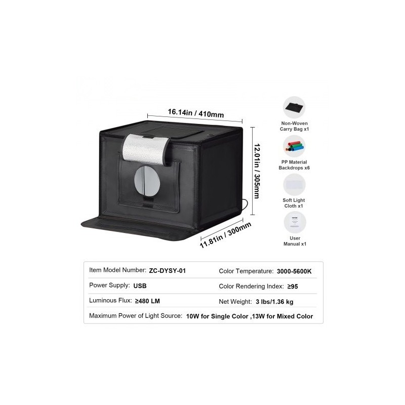 Valolaatikko 410×300×305 mm säädettävä värilämpötila 3000–5600K 6 taustaa USB-virtalähde