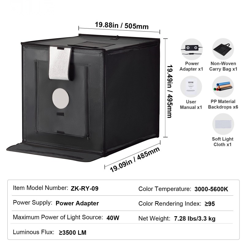 Valokuvausvalolaatikko 505x485x495 mm säädettävä värilämpötila 3000–5600K 160 LED 6 taustaa