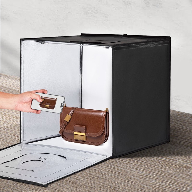 Valokuvausvalolaatikko 505x485x495 mm säädettävä värilämpötila 3000–5600K 160 LED 6 taustaa