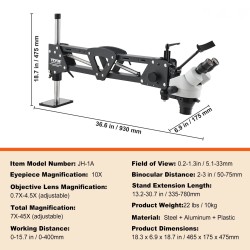 Monisuuntainen jalometallimikroskooppi 7–45x teleskooppivarrella integroidulla rengasvalolla säädettävällä kirkkaudella