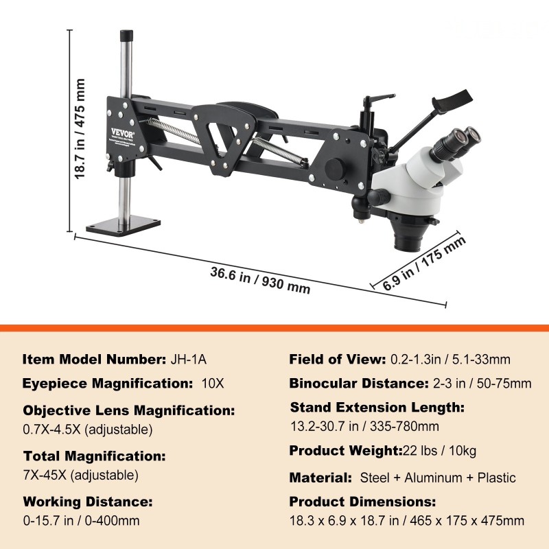 Monisuuntainen jalometallimikroskooppi 7–45x teleskooppivarrella integroidulla rengasvalolla säädettävällä kirkkaudella