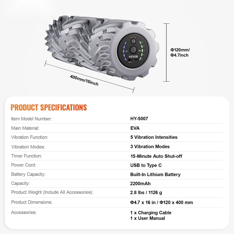 Värisevä hierontarulla 16-tuumainen korkeatiheyksinen EVA-pinta 5 värinävoimakkuutta 3 värinätilaa