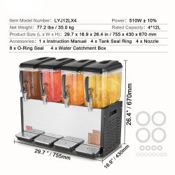 Kylmäjuoma-annostelija ruostumattomasta teräksestä neljällä kahdentoista litran säiliöllä viisisataakymmenen watin
