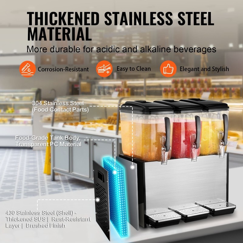 Kaupallinen juoma-annostelija 3 säiliötä jokainen 12 l jäähdytys 7–12 °C