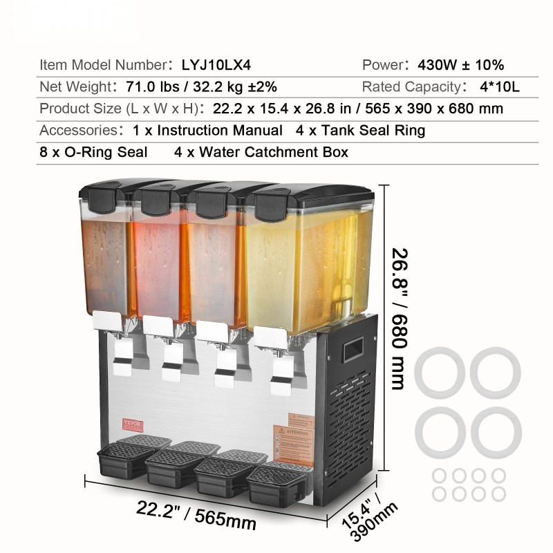 Kaupallinen juoma-annostelija 4 säiliötä 10 L elintarvikekelpoinen kylmille juomille