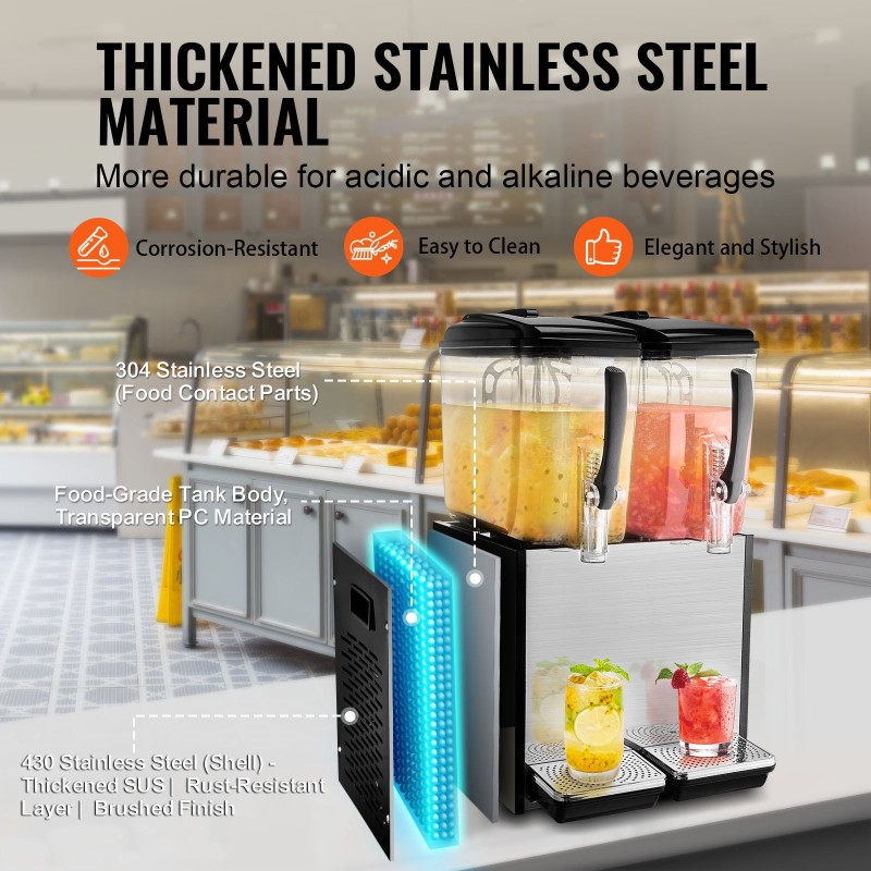 Kaksisäiliöinen juomajakelija kahdella 12 l säiliöllä ruostumatonta terästä jäähdytys 7–12 °C