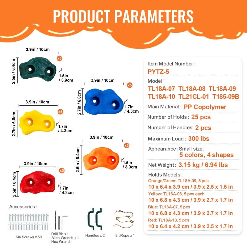 Kiipeilyotteet 25 kpl PP-kopolymeeri eri kokoja värikkäät sisä- ja ulkokäyttöön