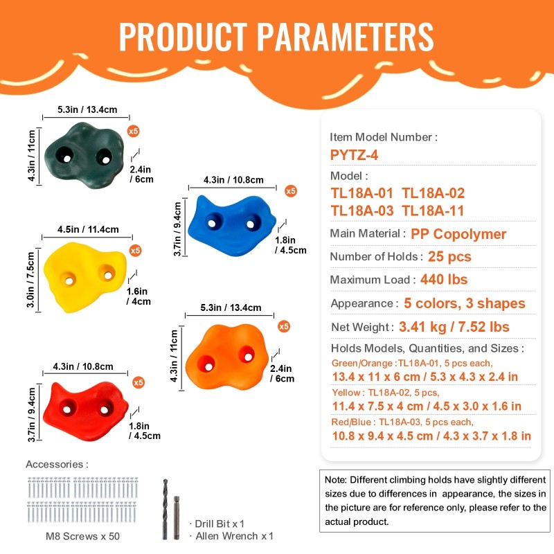 Kiipeilyotteet 25 kpl PP-kopolymeeri eri kokoja lapsille ja aikuisille sisä- ja ulkokäyttöön