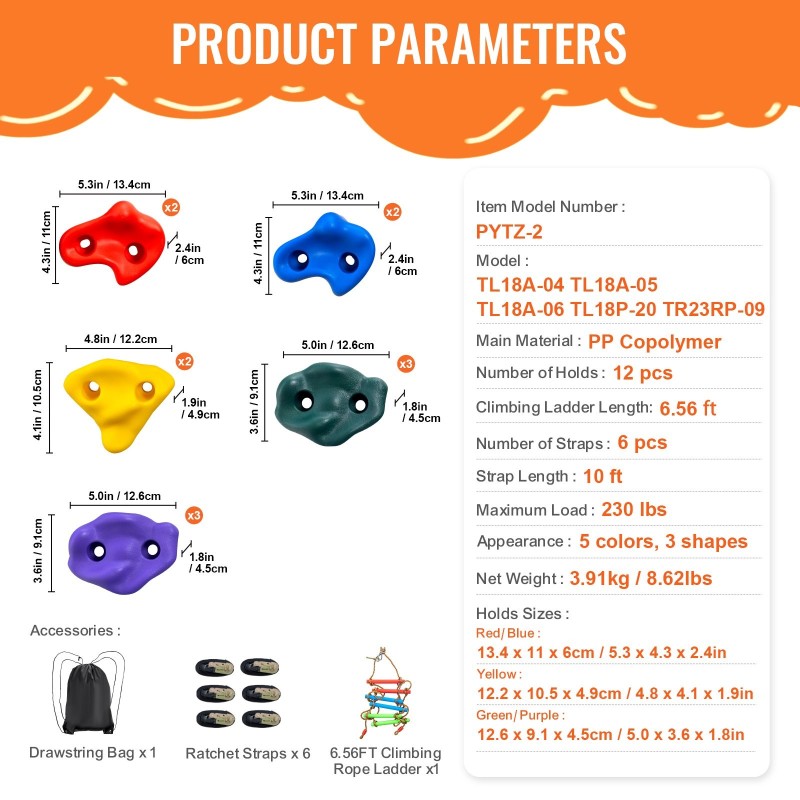 Puuun kiinnitettävä PP-kopolymeerinen kiipeilypidikesetti 12 pidikettä 6 hihnaa räikkäkiinnittimillä