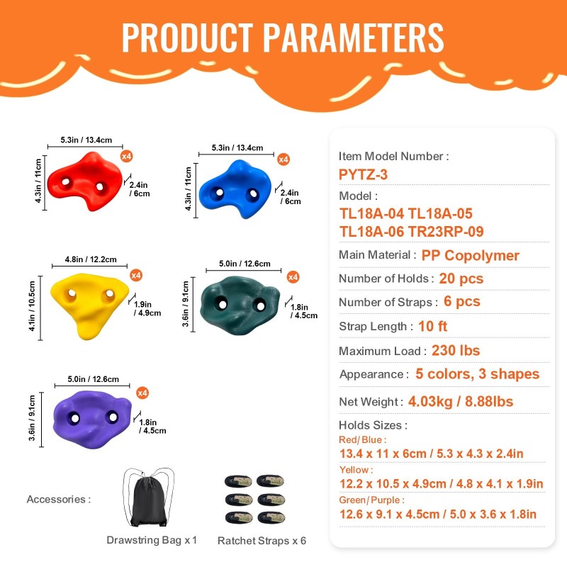 Puuhun asennettavat PP-kopolymeeriset kiipeilyotteet 20 kpl ja 6 räikkähihnaa