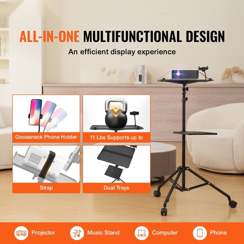 Projektoriteline kolmijalalla pyörillä säädettävä 795–1710 mm kaksi tasoa puhelinpidikkeellä