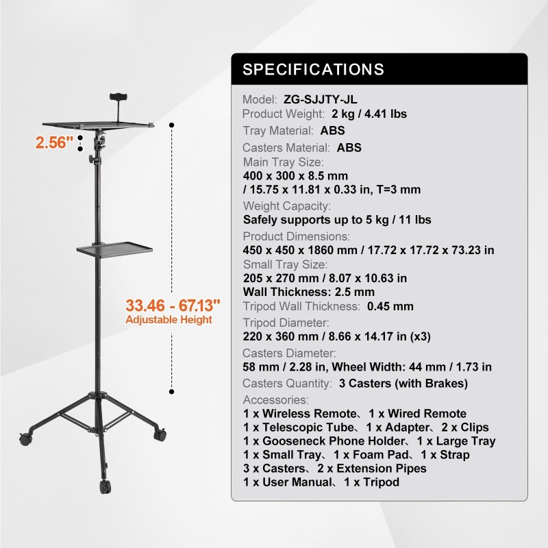 Projektoriteline kolmijalalla pyörillä säädettävä 795–1710 mm kaksi tasoa puhelinpidikkeellä