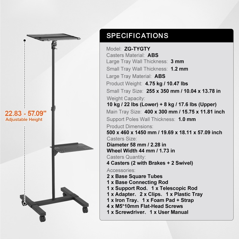 Lattiamallinen projektoriteline pyörillä korkeussäädettävä 580–1455 mm kaksi tasoa musta