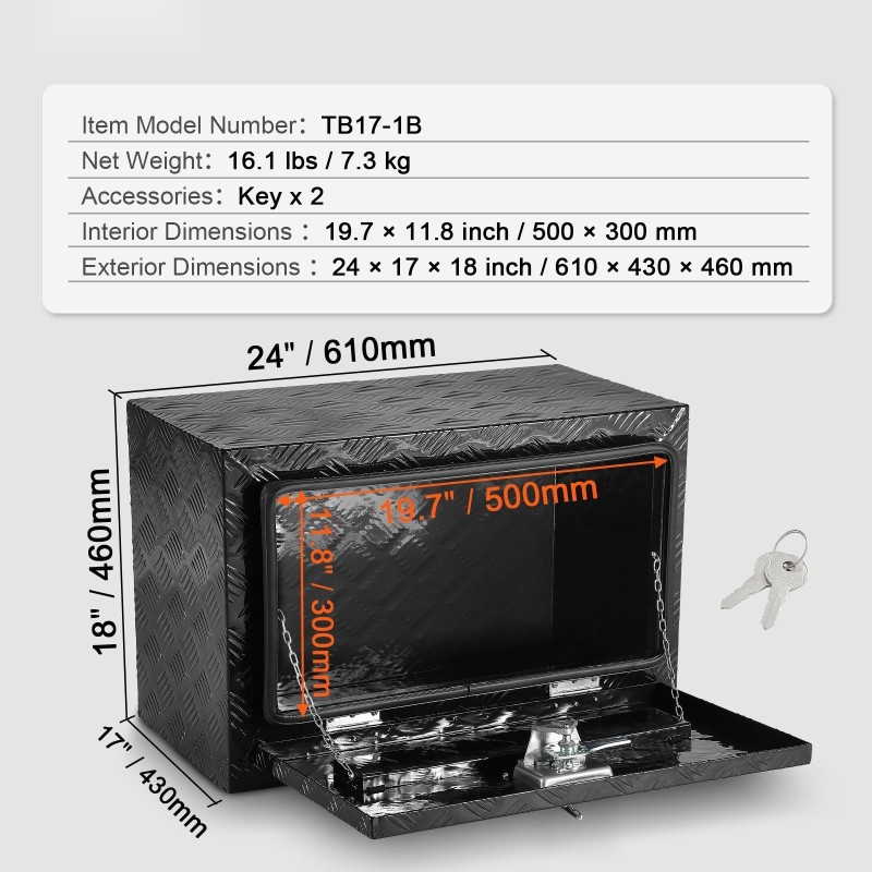 Alumiininen alapuolinen työkalulaatikko timanttikuvioitu 610x430x460 mm lukolla ja avaimilla