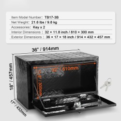 Alustan alle asennettava alumiininen säilytyslaatikko 914 x 432 x 457 mm lukolla
