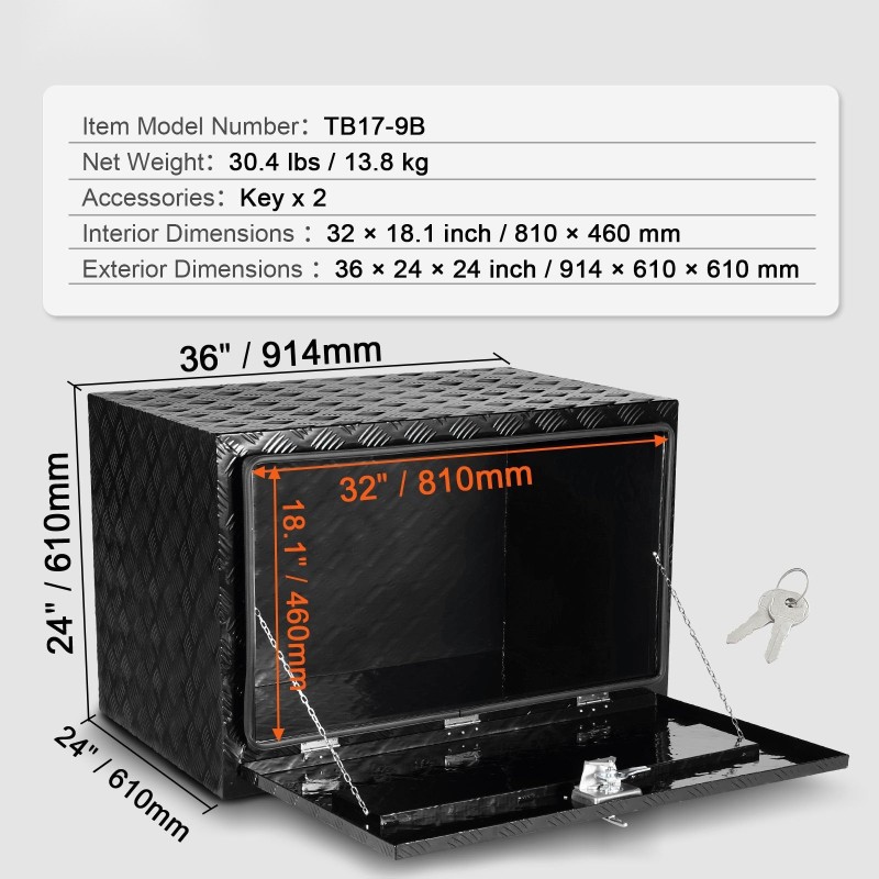 Auton alle asennettava alumiininen työkalulaatikko 914×610×610 mm vesitiivis lukolla