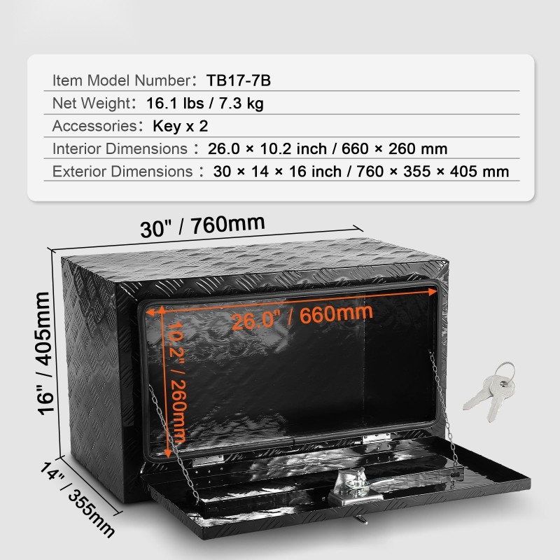 Rungon alle asennettava alumiininen työkalulaatikko lukolla 760 x 355 x 405 mm