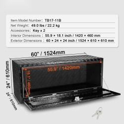 Alapuolinen säilytyslaatikko ajoneuvoon alumiiniseoksesta 1524×610×610 mm lukolla ja kahdella avaimella